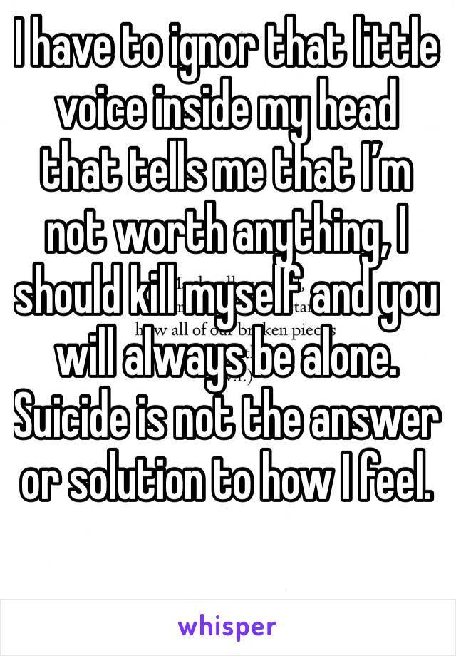 I have to ignor that little voice inside my head that tells me that I’m not worth anything, I should kill myself and you will always be alone. Suicide is not the answer or solution to how I feel.