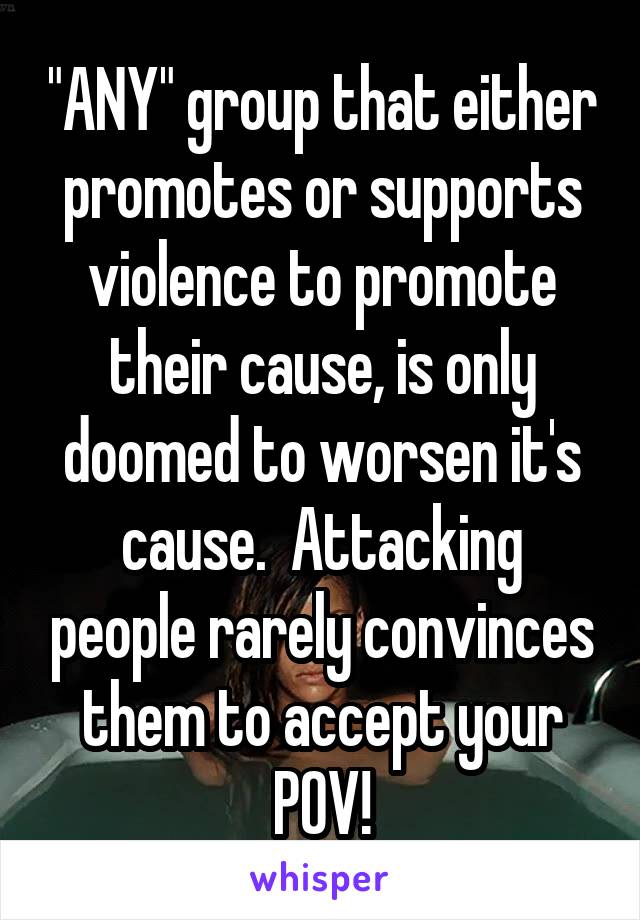 "ANY" group that either promotes or supports violence to promote their cause, is only doomed to worsen it's cause.  Attacking people rarely convinces them to accept your POV!
