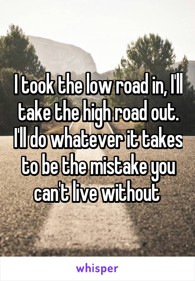 I took the low road in, I'll take the high road out. I'll do whatever it takes to be the mistake you can't live without 