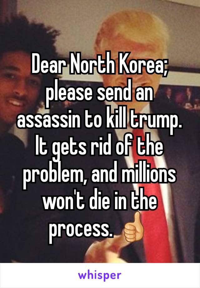 Dear North Korea; please send an assassin to kill trump. It gets rid of the problem, and millions won't die in the process. 👍