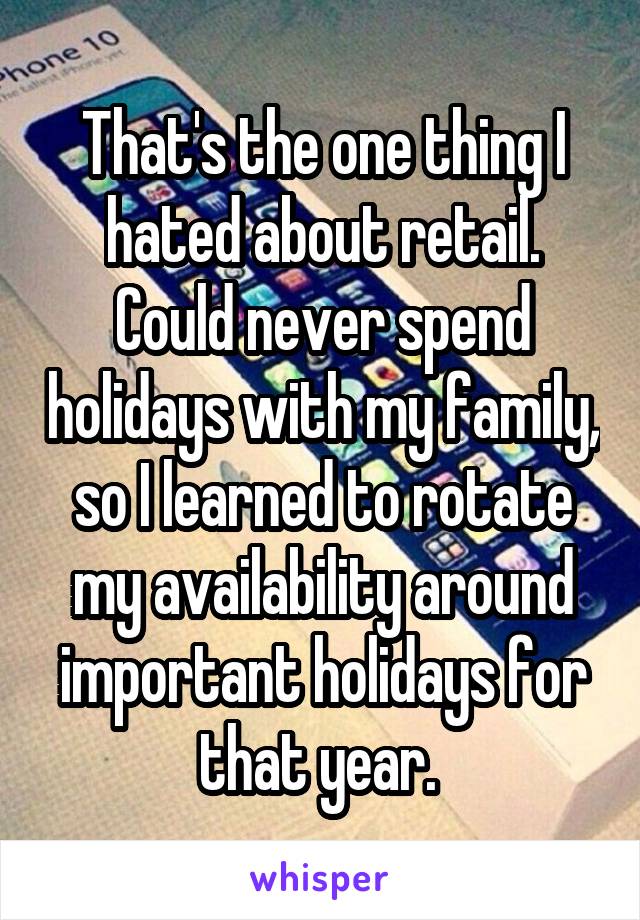 That's the one thing I hated about retail. Could never spend holidays with my family, so I learned to rotate my availability around important holidays for that year. 