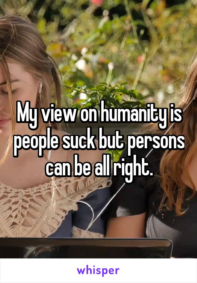 My view on humanity is people suck but persons can be all right.