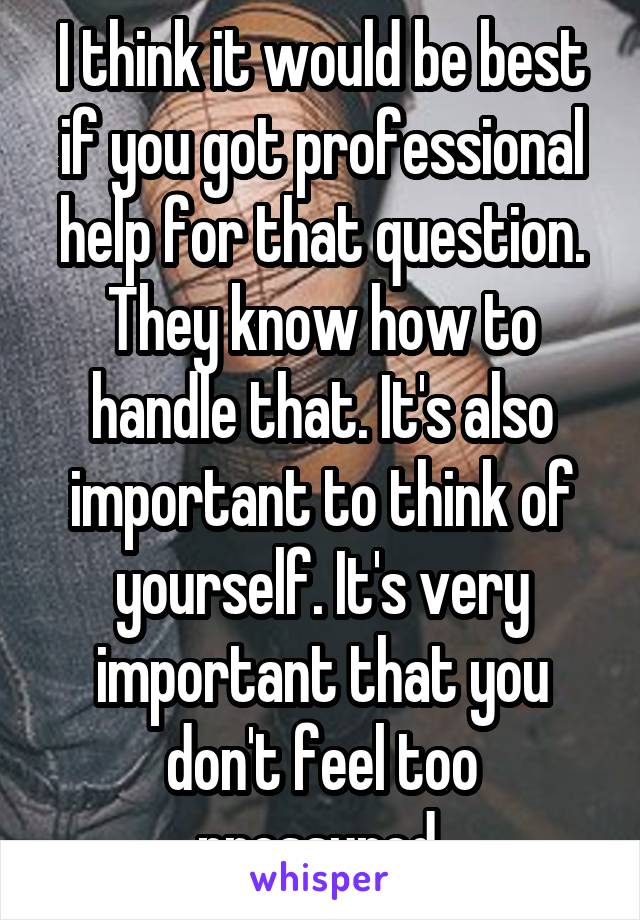 I think it would be best if you got professional help for that question. They know how to handle that. It's also important to think of yourself. It's very important that you don't feel too pressured.