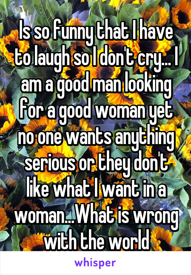 Is so funny that I have to laugh so I don't cry... I am a good man looking for a good woman yet no one wants anything serious or they don't like what I want in a woman...What is wrong with the world