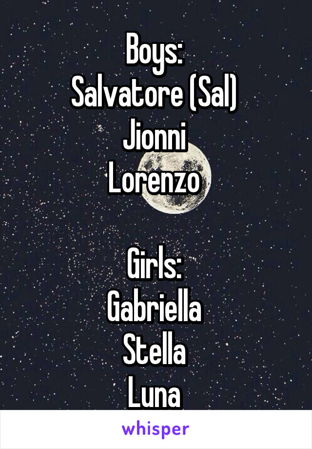 Boys: 
Salvatore (Sal) 
Jionni 
Lorenzo 

Girls: 
Gabriella 
Stella 
Luna 