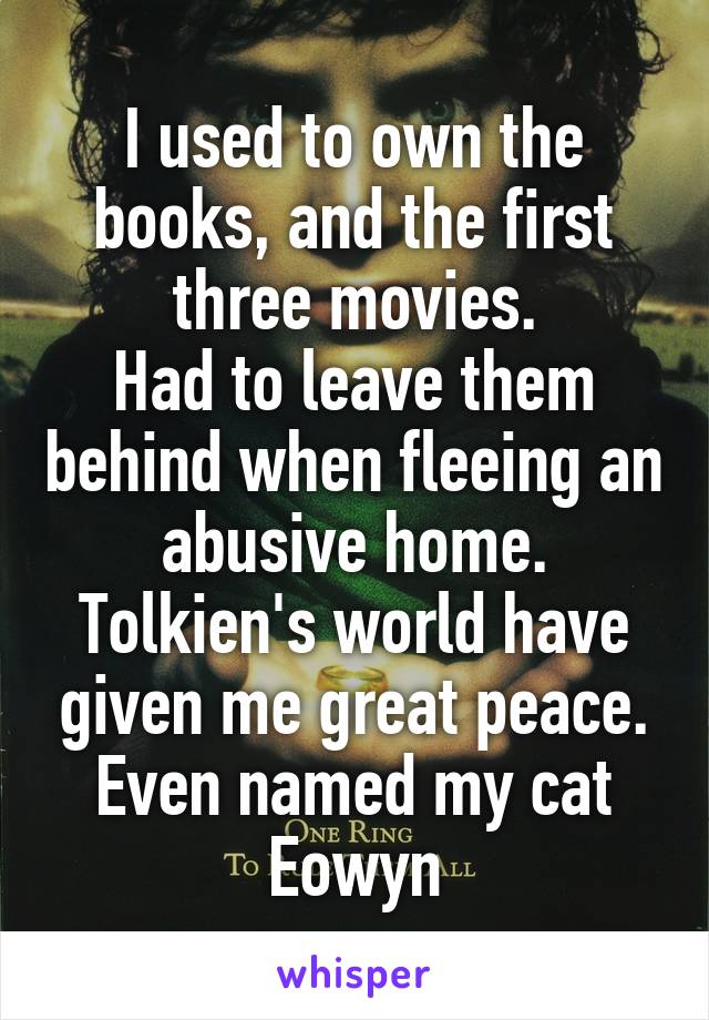 I used to own the books, and the first three movies.
Had to leave them behind when fleeing an abusive home.
Tolkien's world have given me great peace.
Even named my cat Eowyn
