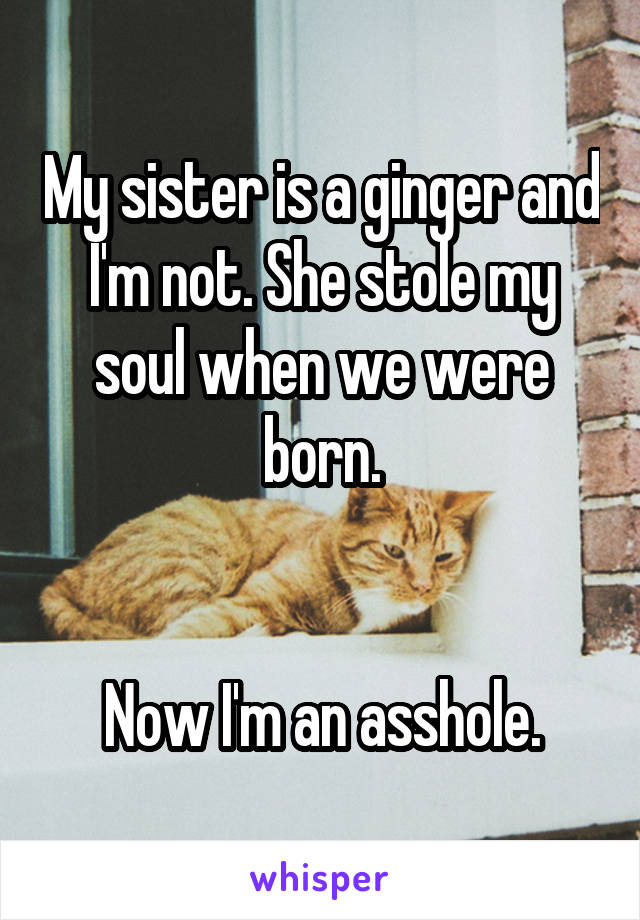 My sister is a ginger and I'm not. She stole my soul when we were born.


Now I'm an asshole.