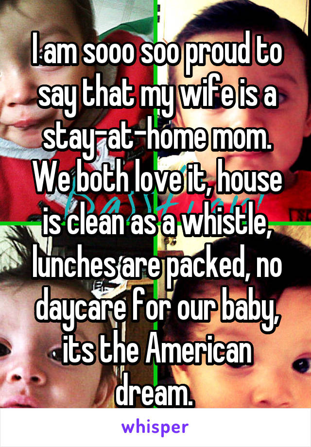 I am sooo soo proud to say that my wife is a stay-at-home mom. We both love it, house is clean as a whistle, lunches are packed, no daycare for our baby, its the American dream. 