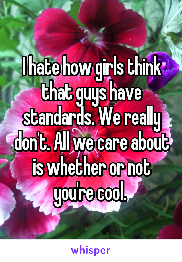 I hate how girls think that guys have standards. We really don't. All we care about is whether or not you're cool. 