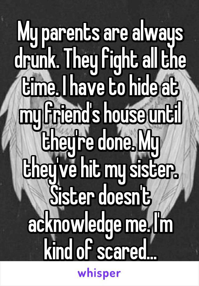 My parents are always drunk. They fight all the time. I have to hide at my friend's house until they're done. My they've hit my sister. Sister doesn't acknowledge me. I'm kind of scared...