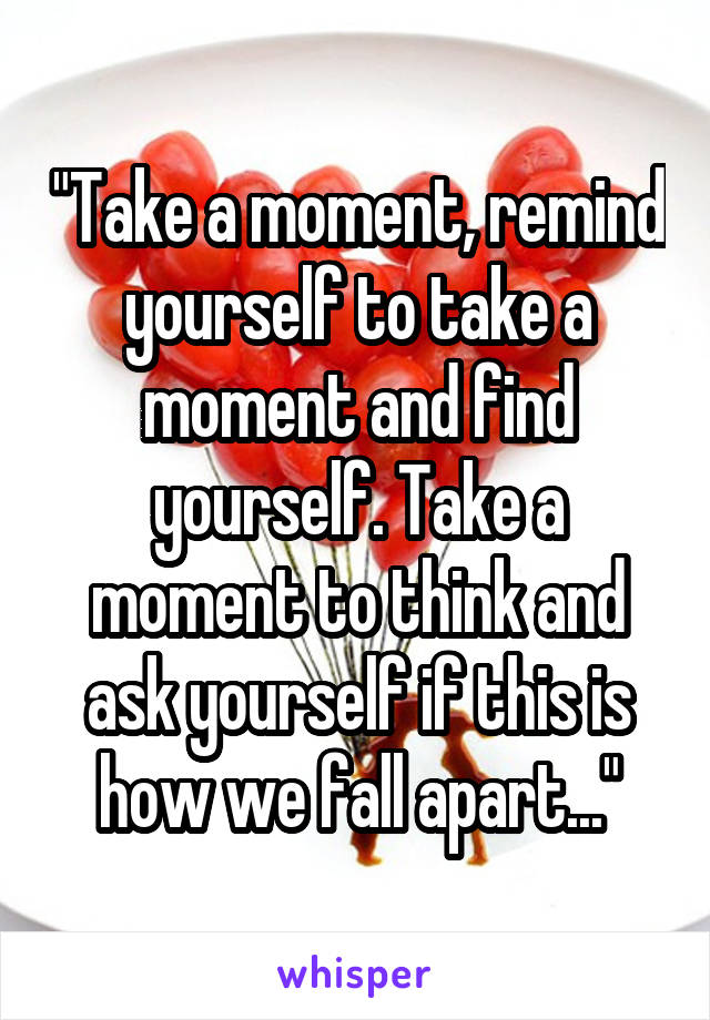 "Take a moment, remind yourself to take a moment and find yourself. Take a moment to think and ask yourself if this is how we fall apart..."