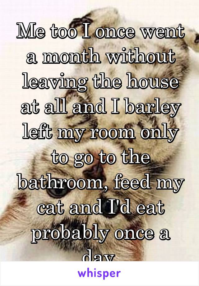 Me too I once went a month without leaving the house at all and I barley left my room only to go to the bathroom, feed my cat and I'd eat probably once a day 