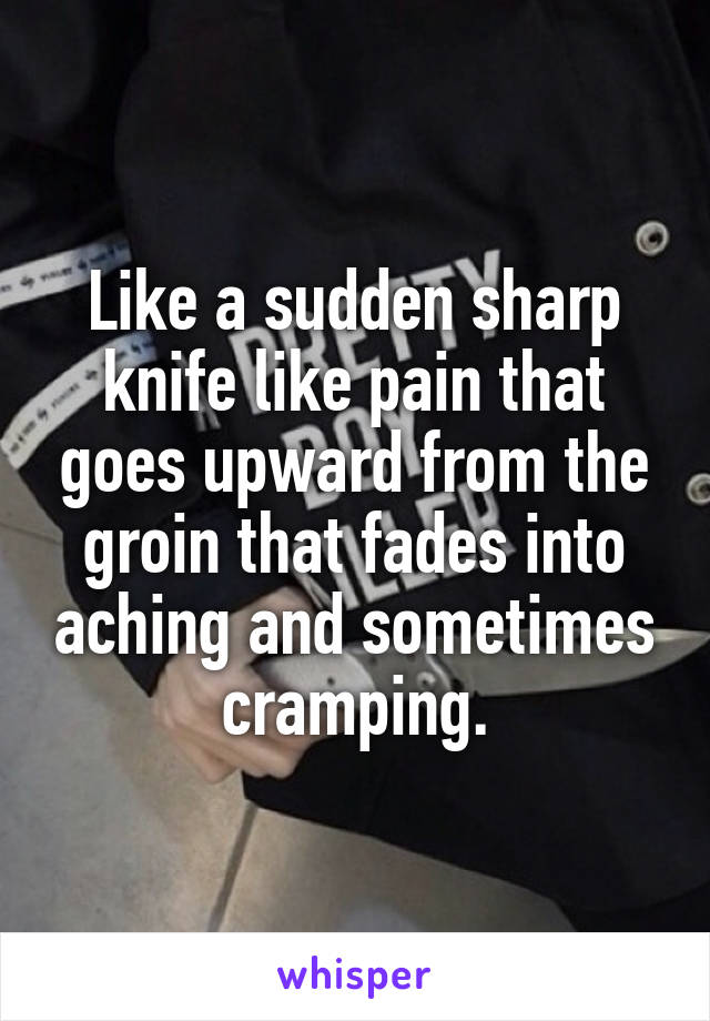 Like a sudden sharp knife like pain that goes upward from the groin that fades into aching and sometimes cramping.