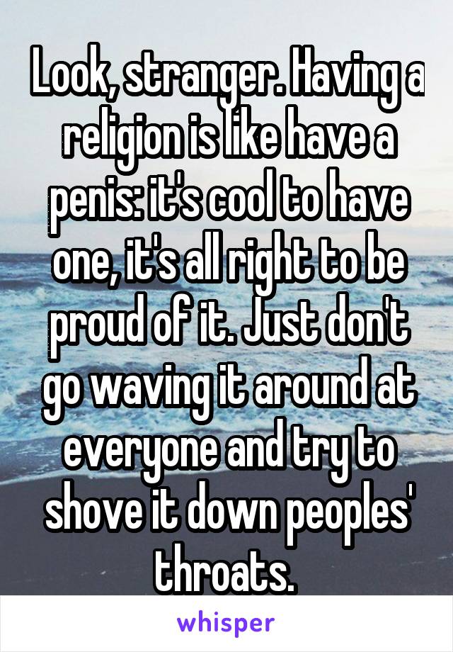 Look, stranger. Having a religion is like have a penis: it's cool to have one, it's all right to be proud of it. Just don't go waving it around at everyone and try to shove it down peoples' throats. 