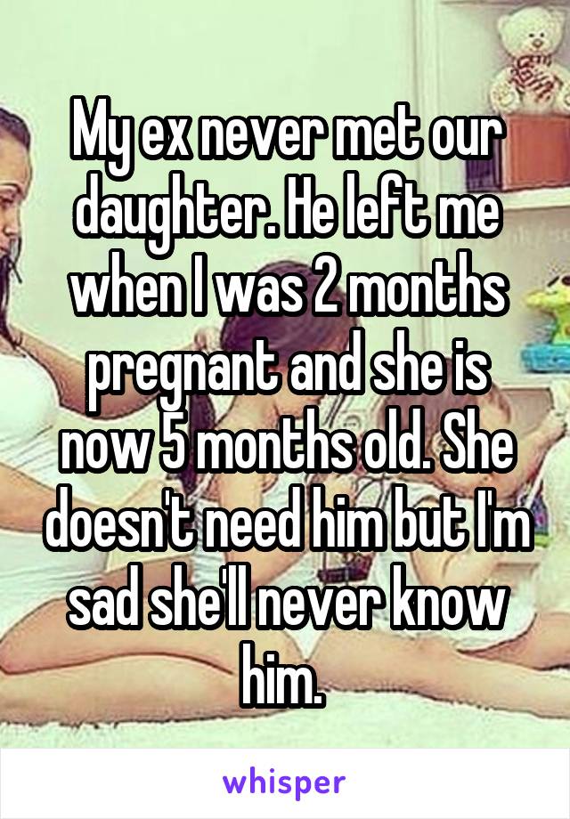 My ex never met our daughter. He left me when I was 2 months pregnant and she is now 5 months old. She doesn't need him but I'm sad she'll never know him. 