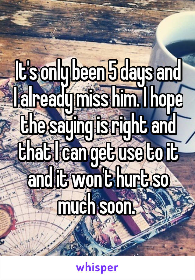 It's only been 5 days and I already miss him. I hope the saying is right and that I can get use to it and it won't hurt so much soon. 