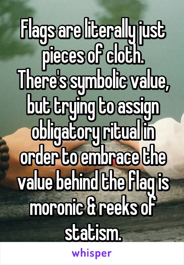 Flags are literally just pieces of cloth.
There's symbolic value, but trying to assign obligatory ritual in order to embrace the value behind the flag is moronic & reeks of statism.