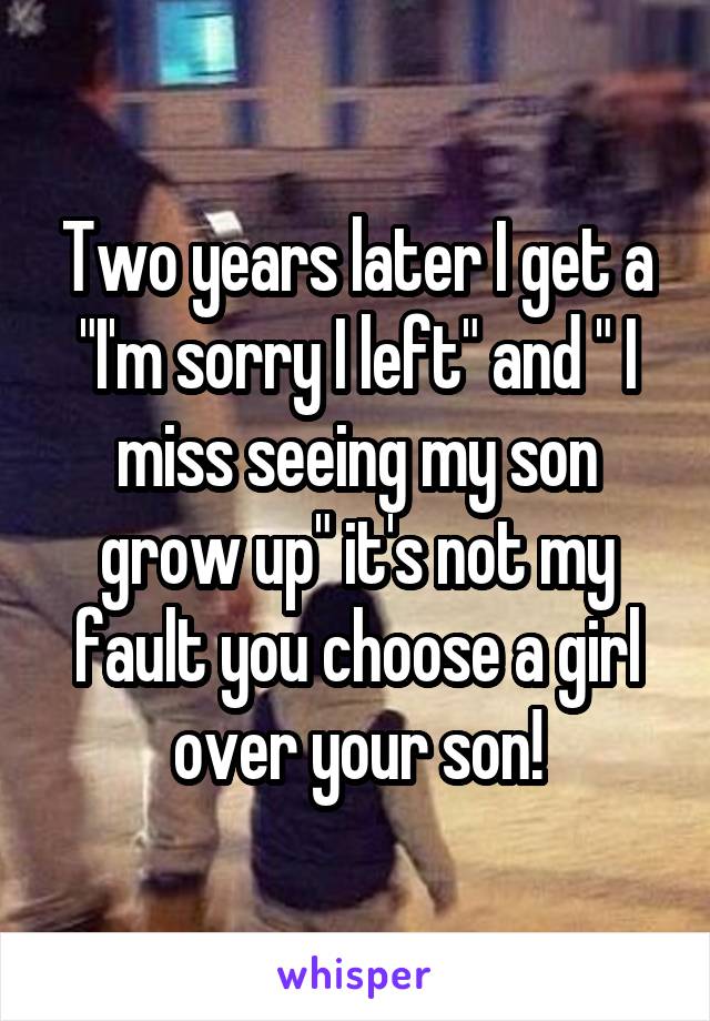 Two years later I get a "I'm sorry I left" and " I miss seeing my son grow up" it's not my fault you choose a girl over your son!