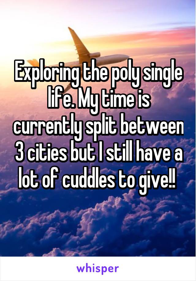 Exploring the poly single life. My time is currently split between 3 cities but I still have a lot of cuddles to give!! 
