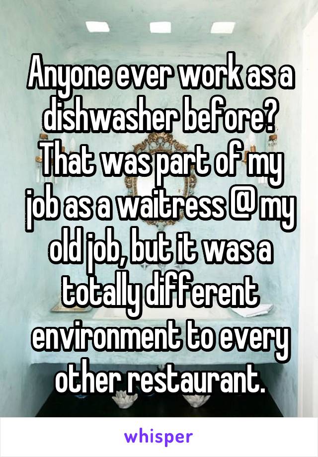 Anyone ever work as a dishwasher before? That was part of my job as a waitress @ my old job, but it was a totally different environment to every other restaurant.