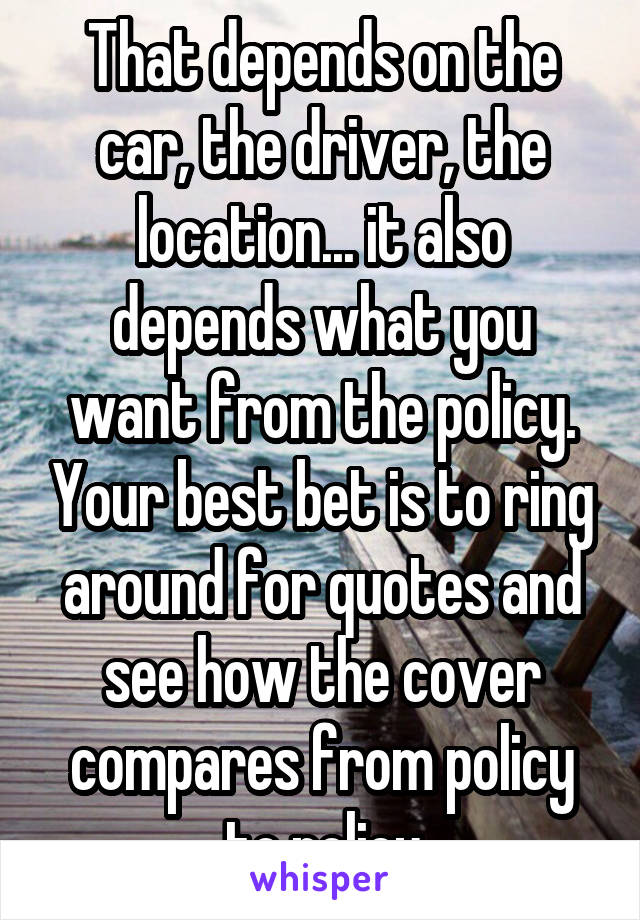 That depends on the car, the driver, the location... it also depends what you want from the policy. Your best bet is to ring around for quotes and see how the cover compares from policy to policy