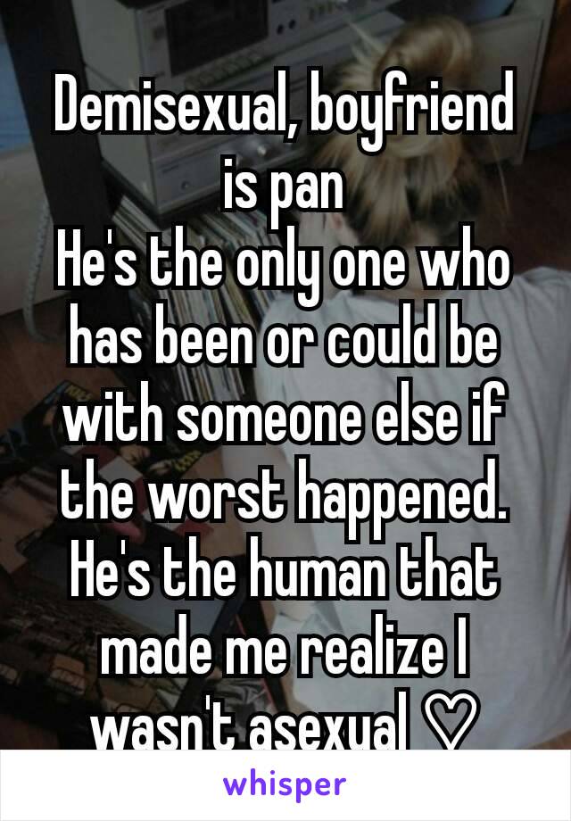 Demisexual, boyfriend is pan
He's the only one who has been or could be with someone else if the worst happened. He's the human that made me realize I wasn't asexual ♡