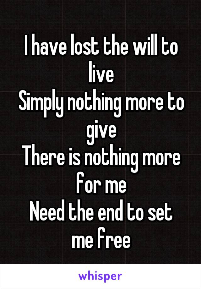 I have lost the will to live
Simply nothing more to give
There is nothing more for me
Need the end to set me free