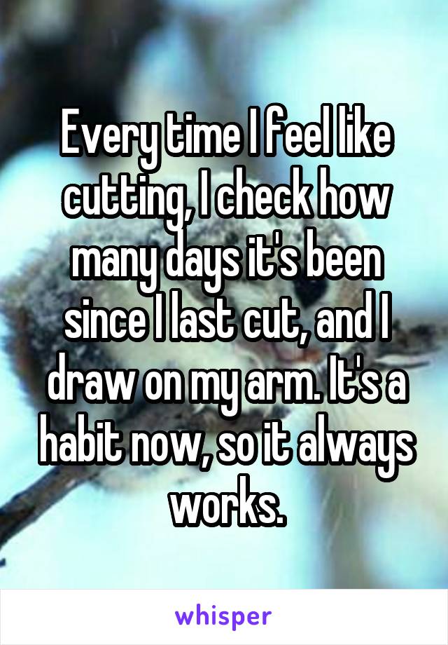 Every time I feel like cutting, I check how many days it's been since I last cut, and I draw on my arm. It's a habit now, so it always works.