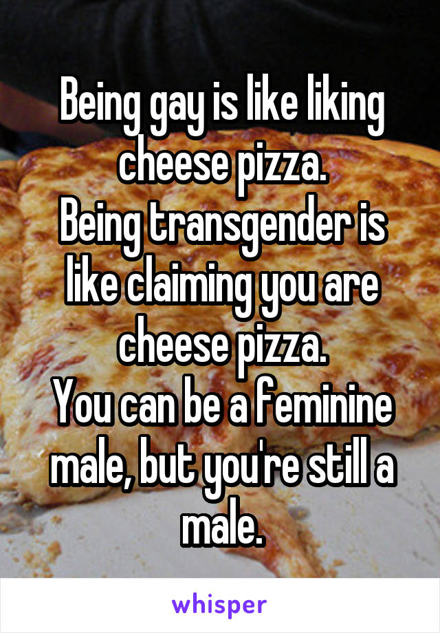 Being gay is like liking cheese pizza.
Being transgender is like claiming you are cheese pizza.
You can be a feminine male, but you're still a male.