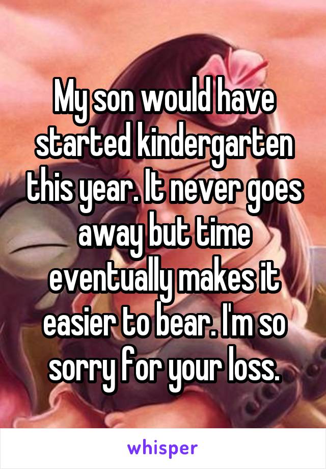 My son would have started kindergarten this year. It never goes away but time eventually makes it easier to bear. I'm so sorry for your loss.