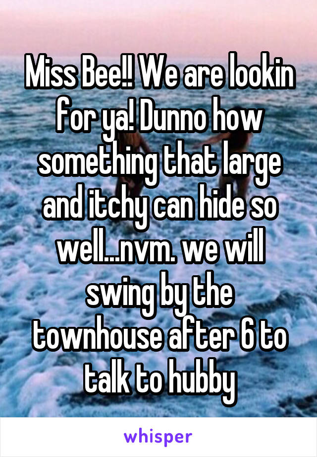 Miss Bee!! We are lookin for ya! Dunno how something that large and itchy can hide so well...nvm. we will swing by the townhouse after 6 to talk to hubby