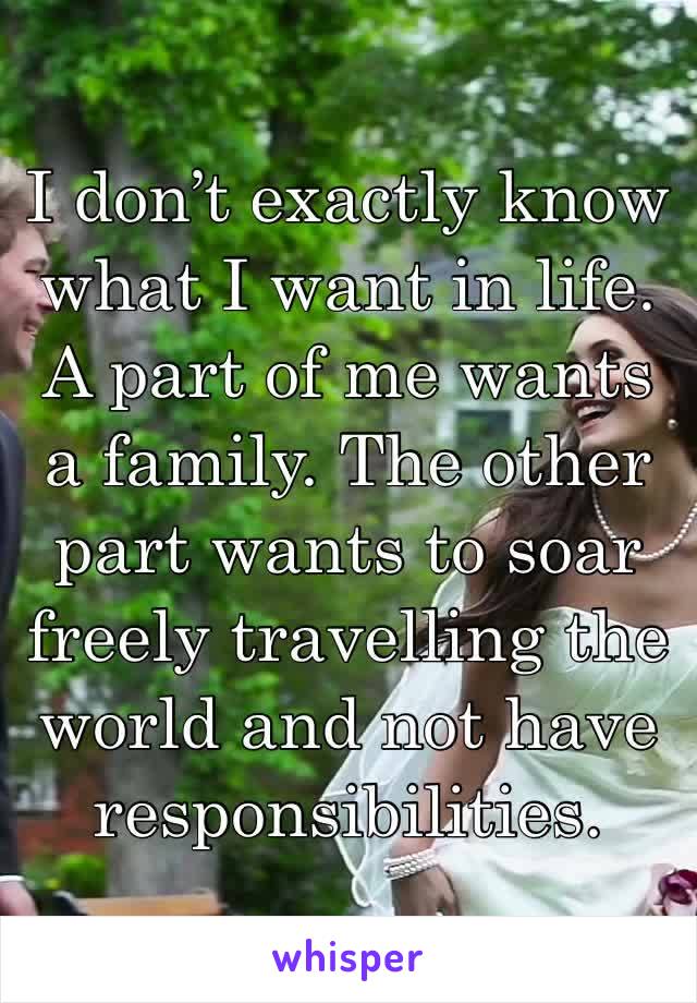 I don’t exactly know what I want in life. A part of me wants a family. The other part wants to soar freely travelling the world and not have responsibilities.