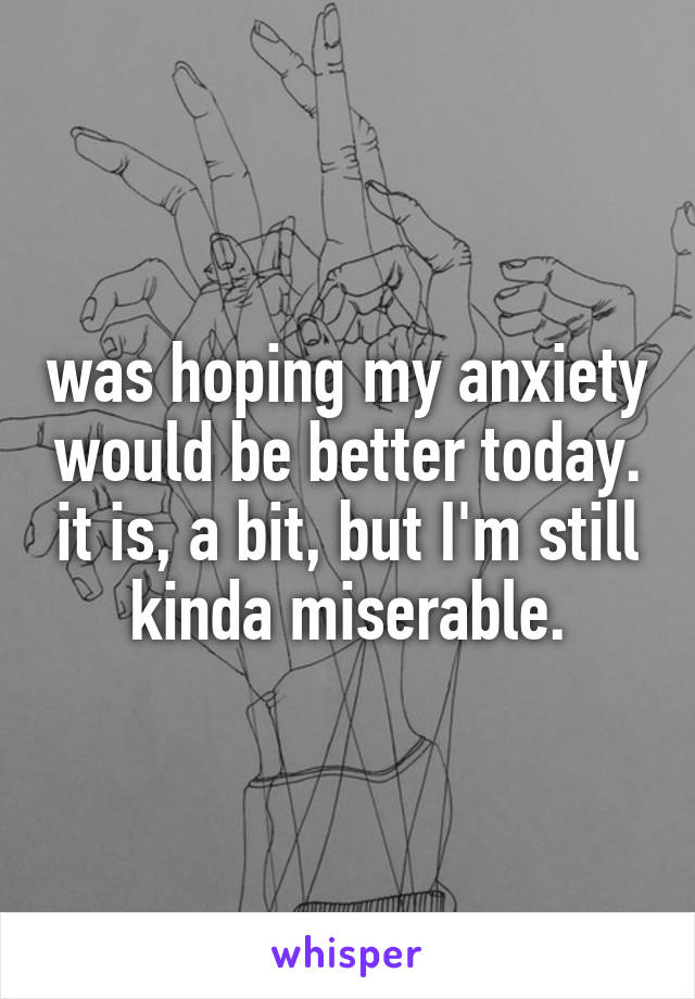 was hoping my anxiety would be better today. it is, a bit, but I'm still kinda miserable.