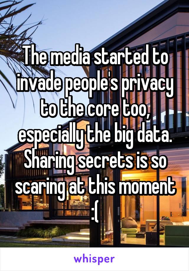 The media started to invade people's privacy to the core too, especially the big data. Sharing secrets is so scaring at this moment :(