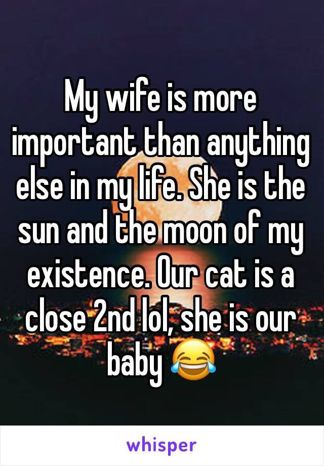 My wife is more important than anything else in my life. She is the sun and the moon of my existence. Our cat is a close 2nd lol, she is our baby 😂