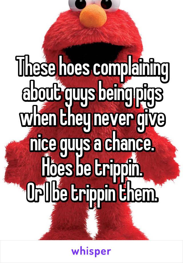 These hoes complaining about guys being pigs when they never give nice guys a chance.
Hoes be trippin.
Or I be trippin them.