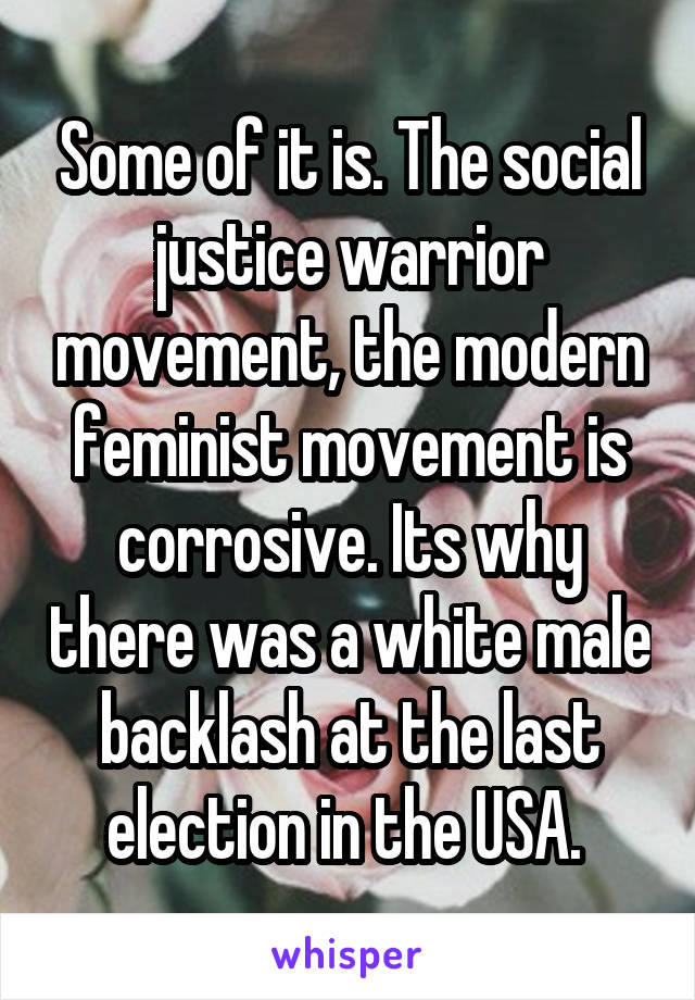 Some of it is. The social justice warrior movement, the modern feminist movement is corrosive. Its why there was a white male backlash at the last election in the USA. 