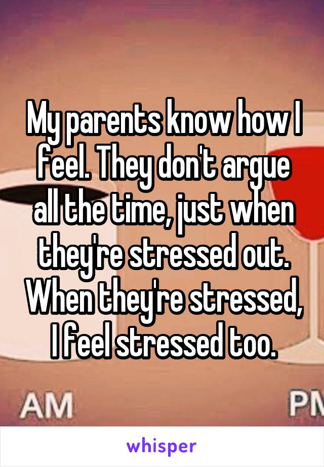My parents know how I feel. They don't argue all the time, just when they're stressed out. When they're stressed, I feel stressed too.