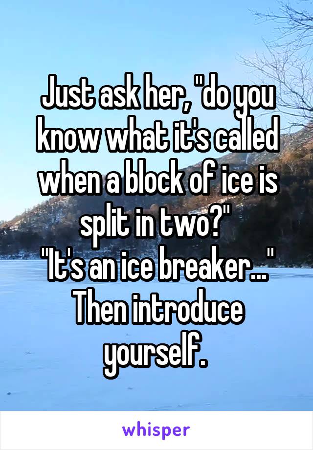 Just ask her, "do you know what it's called when a block of ice is split in two?" 
"It's an ice breaker..."
Then introduce yourself. 