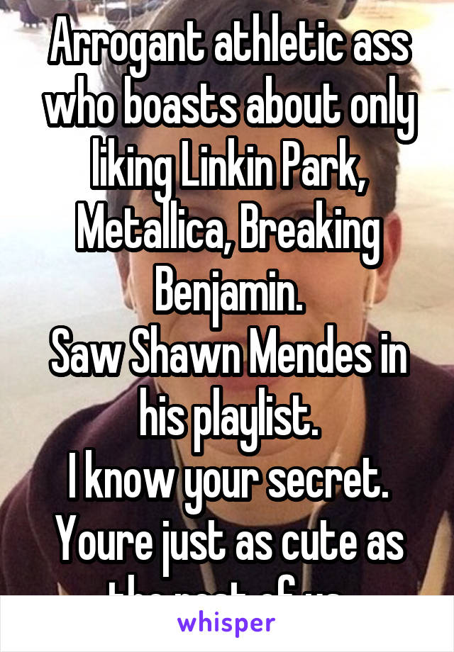 Arrogant athletic ass who boasts about only liking Linkin Park, Metallica, Breaking Benjamin.
Saw Shawn Mendes in his playlist.
I know your secret.
Youre just as cute as the rest of us.