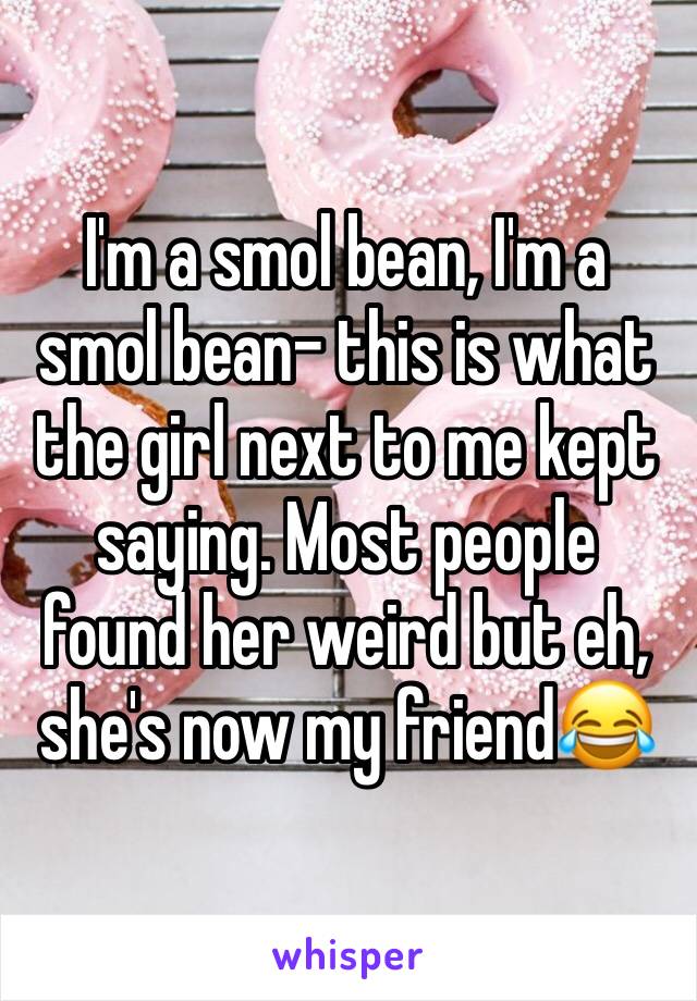 I'm a smol bean, I'm a smol bean- this is what the girl next to me kept saying. Most people found her weird but eh, she's now my friend😂