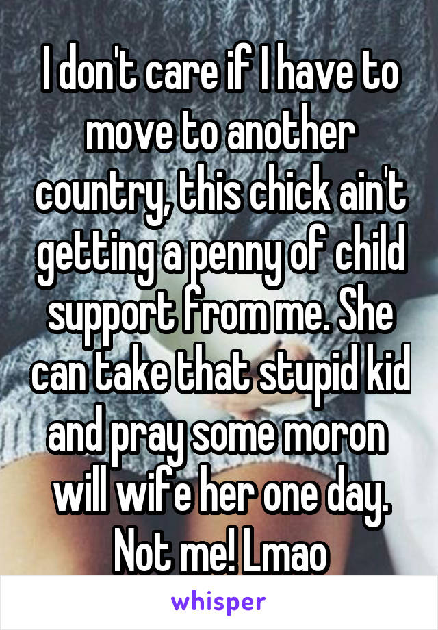 I don't care if I have to move to another country, this chick ain't getting a penny of child support from me. She can take that stupid kid and pray some moron  will wife her one day. Not me! Lmao