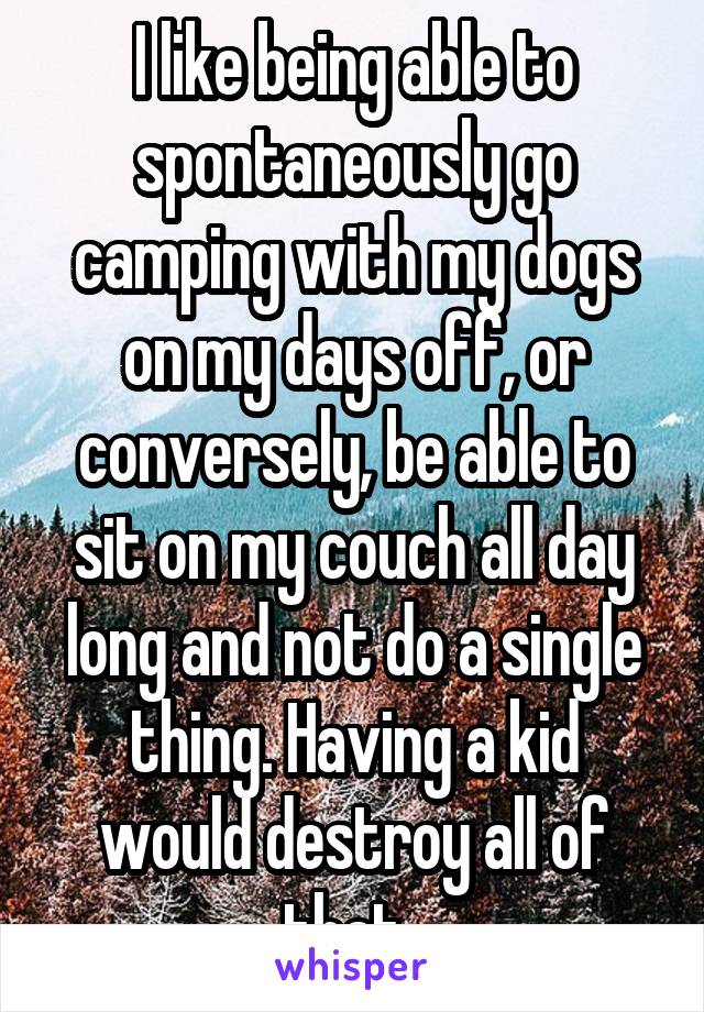 I like being able to spontaneously go camping with my dogs on my days off, or conversely, be able to sit on my couch all day long and not do a single thing. Having a kid would destroy all of that. 