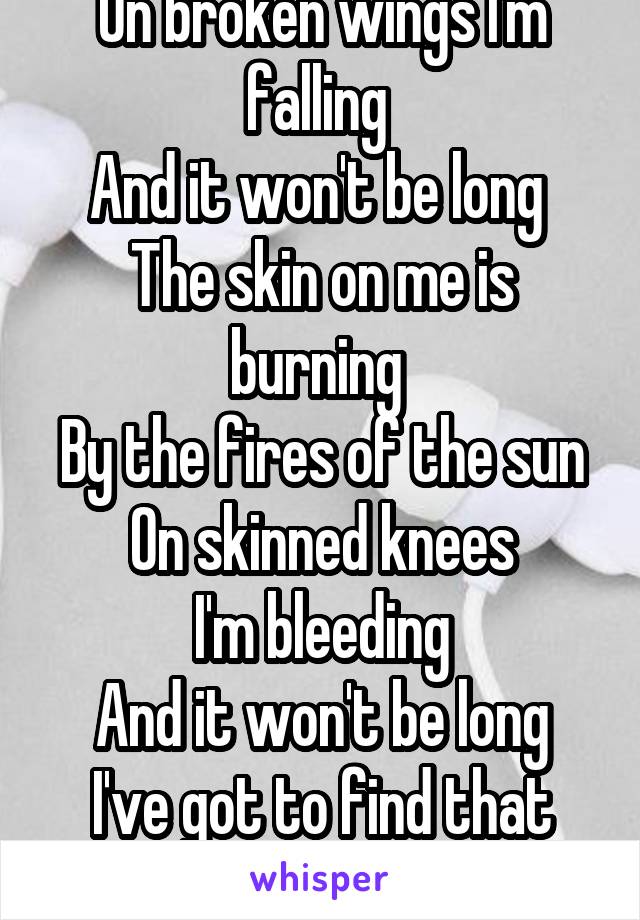 On broken wings I'm falling 
And it won't be long 
The skin on me is burning 
By the fires of the sun
On skinned knees
I'm bleeding
And it won't be long
I've got to find that meaning 