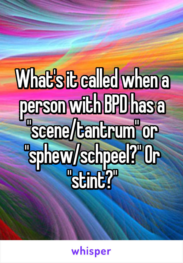 What's it called when a person with BPD has a "scene/tantrum" or "sphew/schpeel?" Or "stint?"