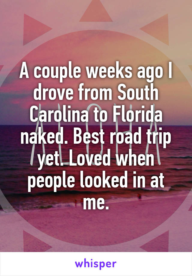 A couple weeks ago I drove from South Carolina to Florida naked. Best road trip yet. Loved when people looked in at me.