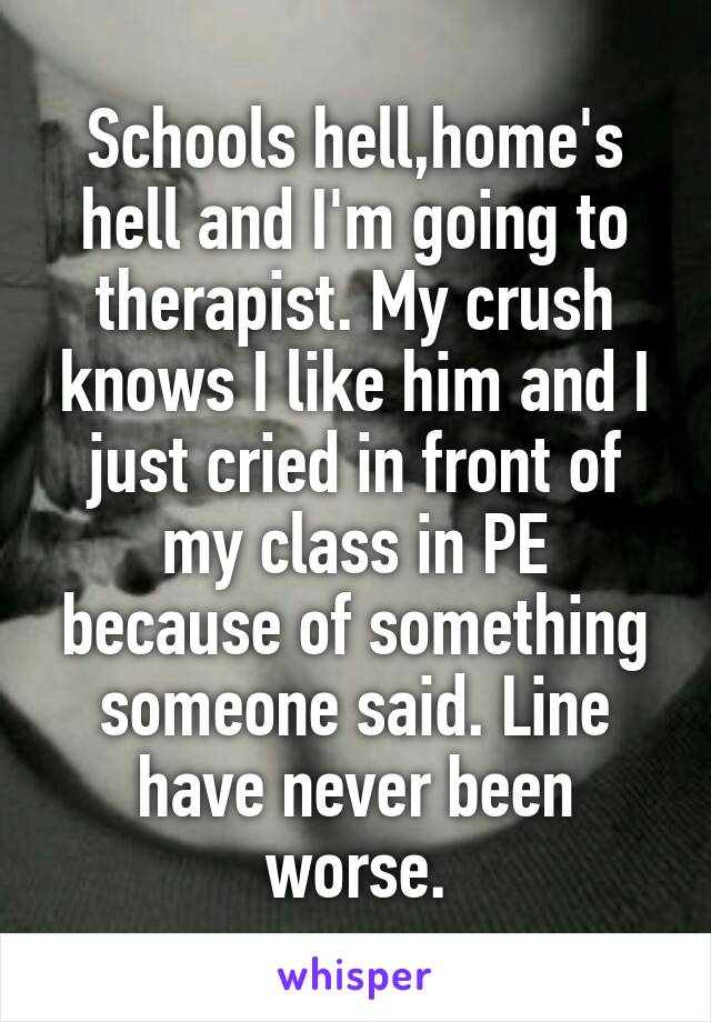 Schools hell,home's hell and I'm going to therapist. My crush knows I like him and I just cried in front of my class in PE because of something someone said. Line have never been worse.