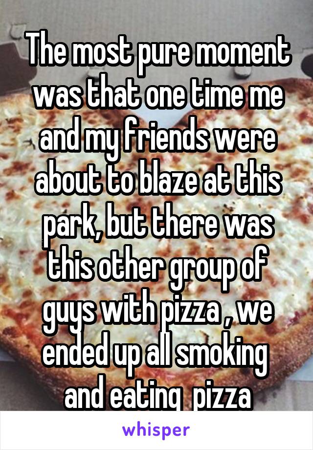 The most pure moment was that one time me and my friends were about to blaze at this park, but there was this other group of guys with pizza , we ended up all smoking  and eating  pizza