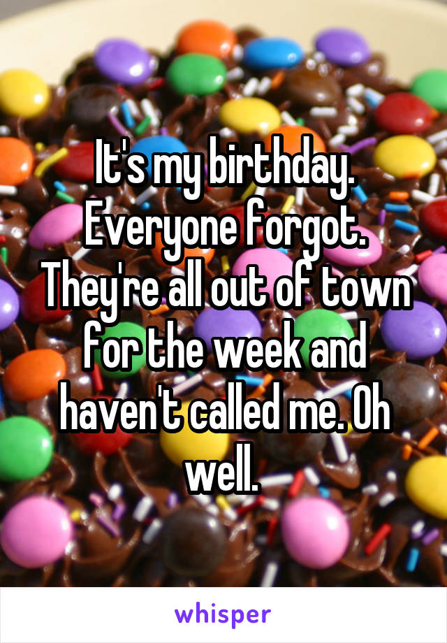 It's my birthday. Everyone forgot. They're all out of town for the week and haven't called me. Oh well. 