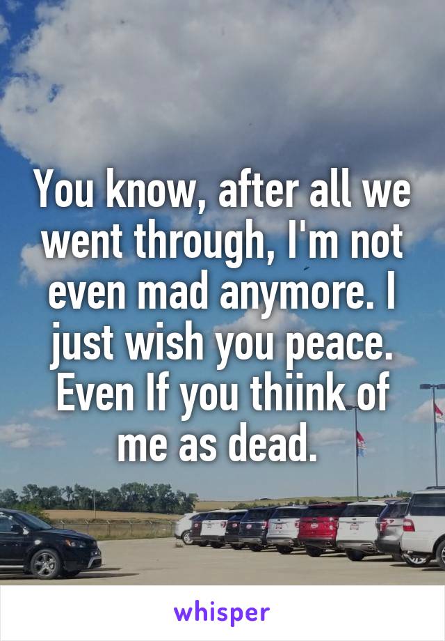 You know, after all we went through, I'm not even mad anymore. I just wish you peace. Even If you thiink of me as dead. 